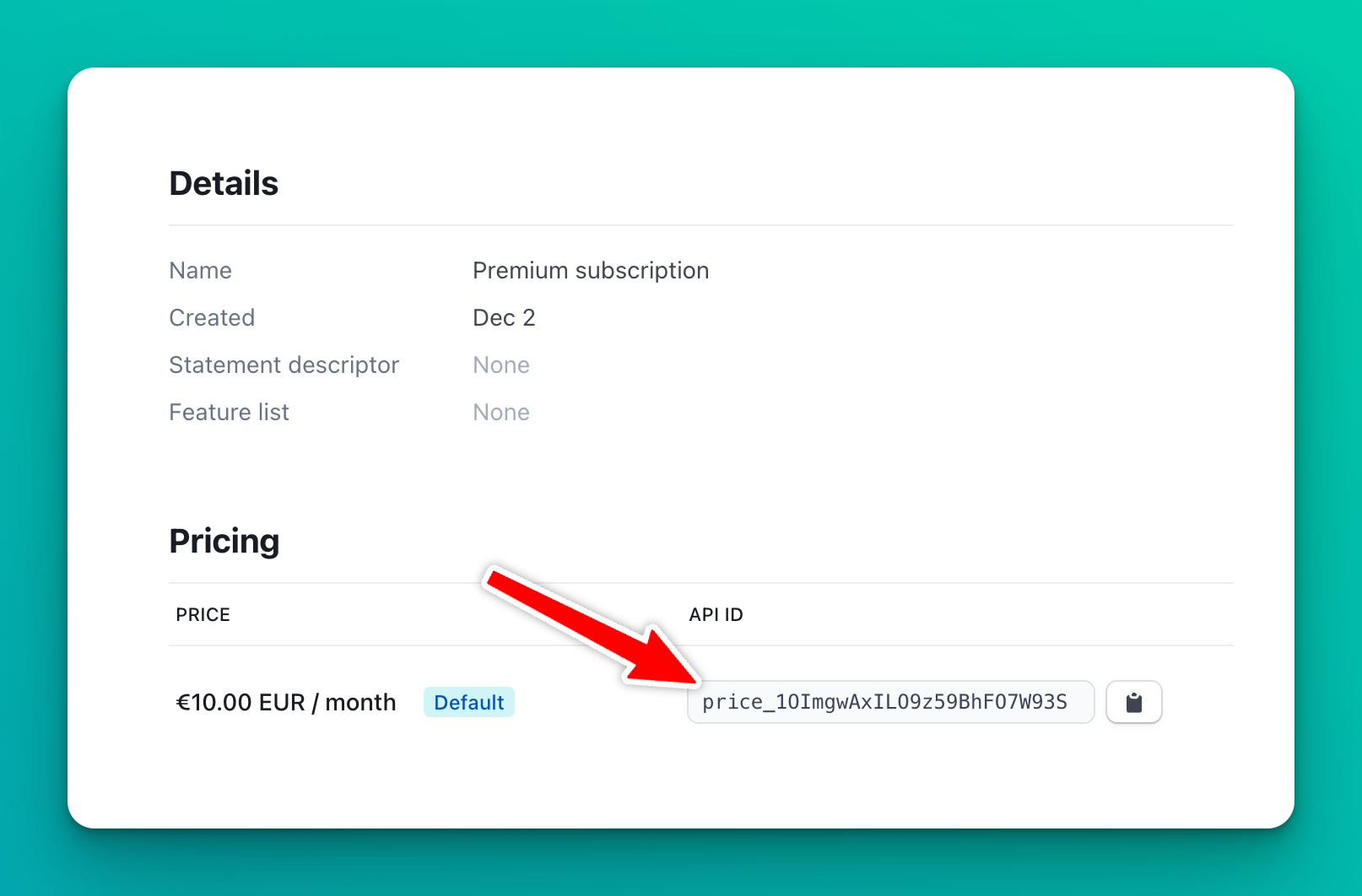 Screenshot of Stripe Product page, with an arrow pointing to the Price ID