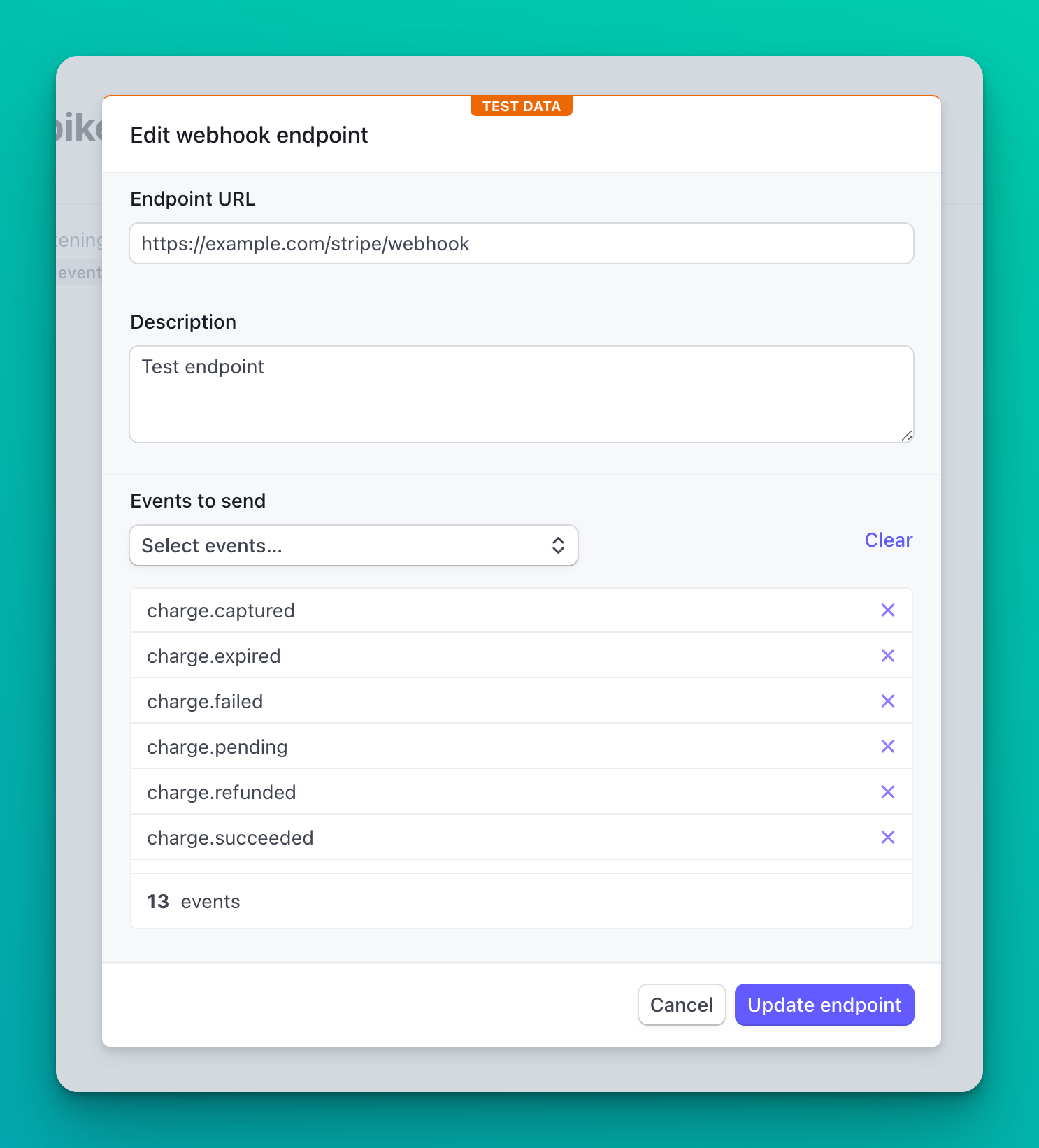 Image of a webhook editing modal in Stripe