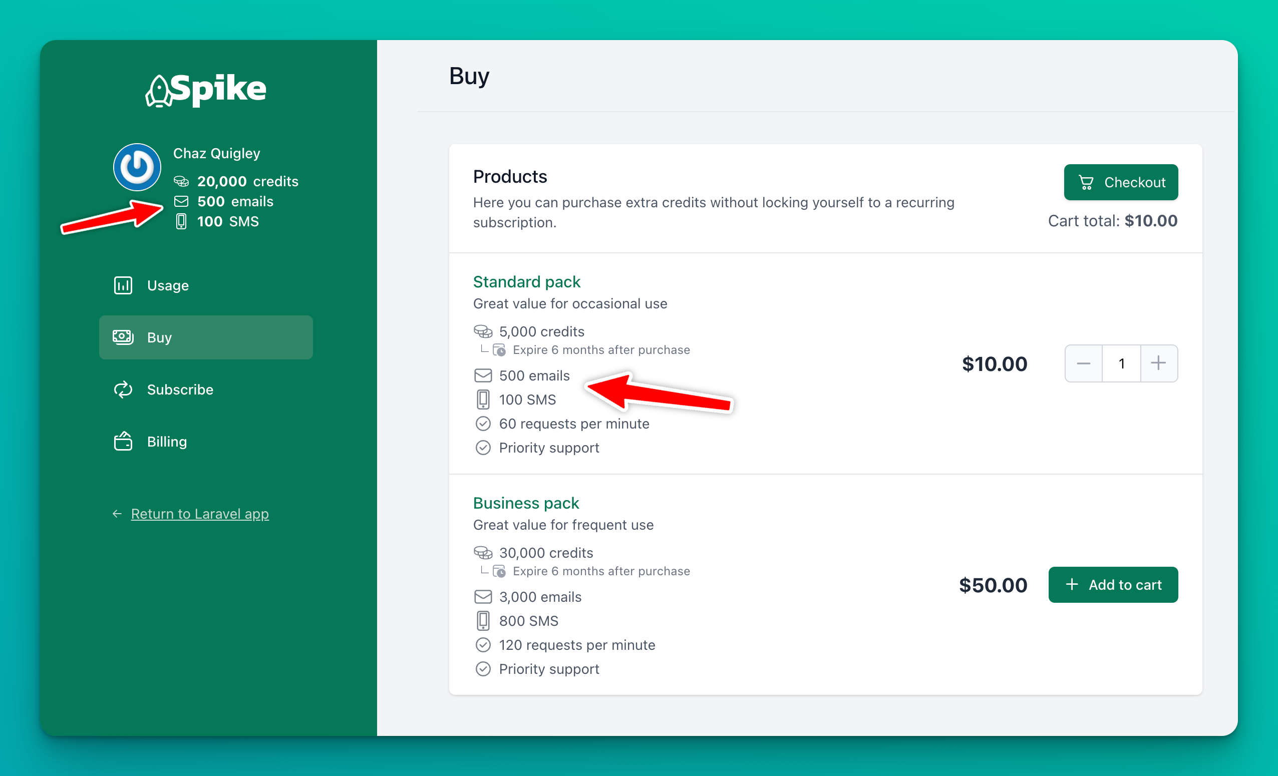 Screenshot of Spike UI, showcasing how multiple types of credits can be stored and purchased by users.