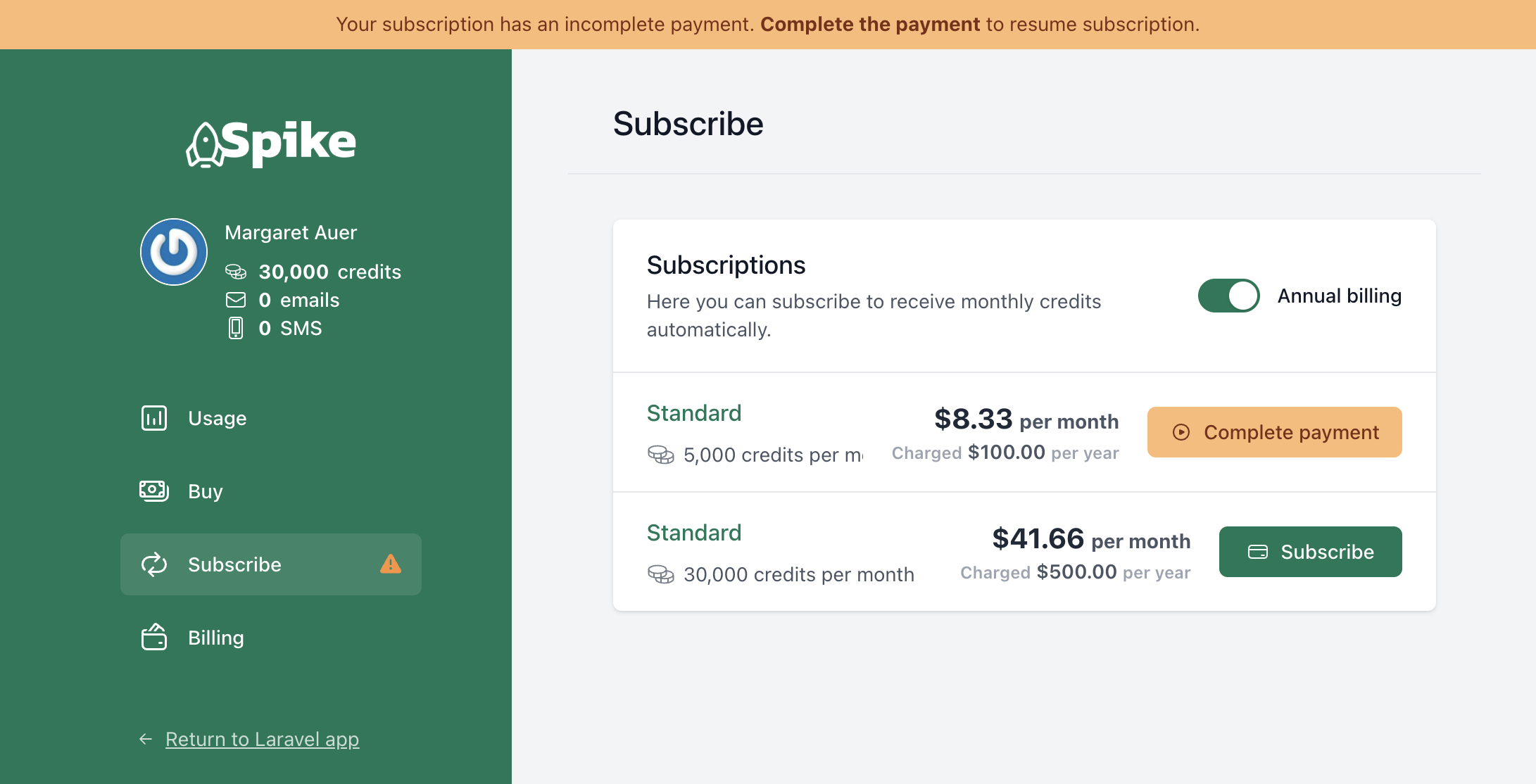 Screenshot of Spike showing warnings when there's an incomplete subscription payment.